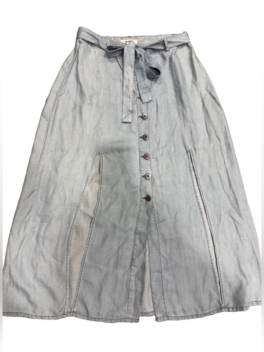 BB Dakota Women’s SZ 6 Indigo Blue Chambray Button Down Midi Skirt Slit Tie Belt